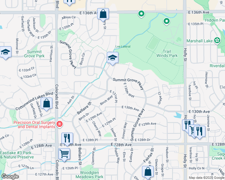 map of restaurants, bars, coffee shops, grocery stores, and more near 4753 East 131st Place in Thornton