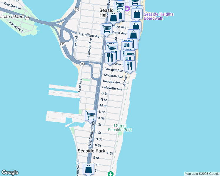 map of restaurants, bars, coffee shops, grocery stores, and more near 1600-1604 Ocean Boulevard in Seaside Park