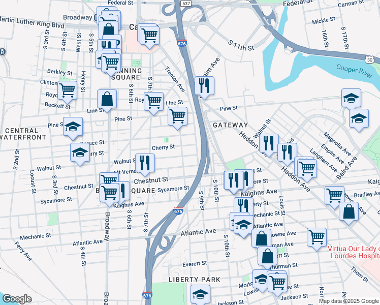 map of restaurants, bars, coffee shops, grocery stores, and more near 813 Walnut Street in Camden