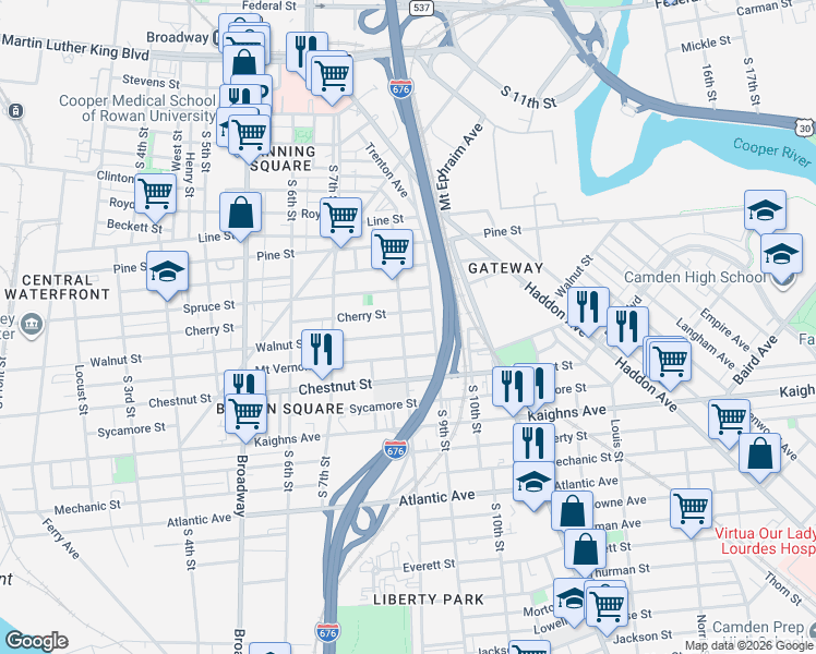 map of restaurants, bars, coffee shops, grocery stores, and more near 813 Walnut Street in Camden
