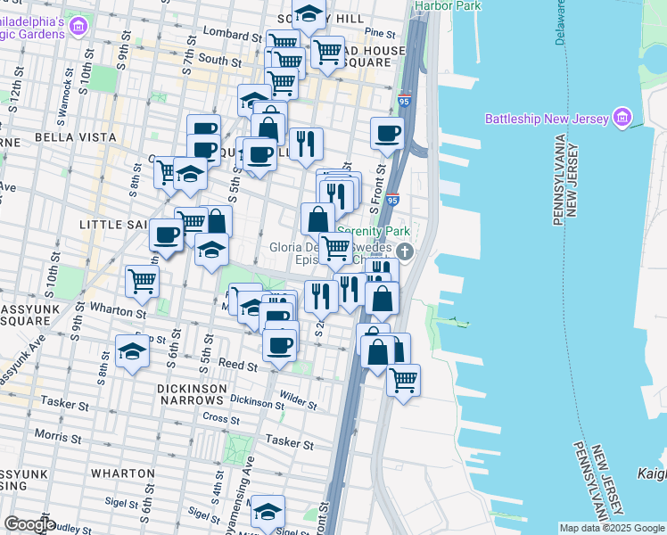 map of restaurants, bars, coffee shops, grocery stores, and more near 1011 South 2nd Street in Philadelphia