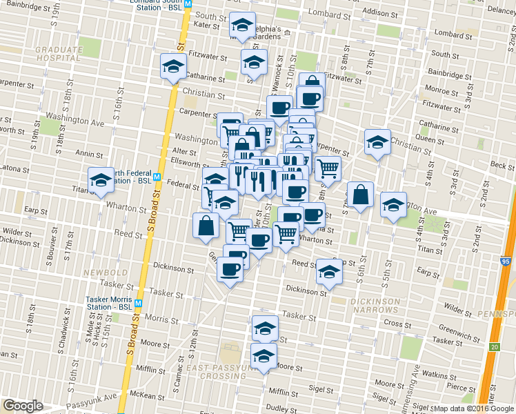 map of restaurants, bars, coffee shops, grocery stores, and more near 1200 South 10th Street in Philadelphia