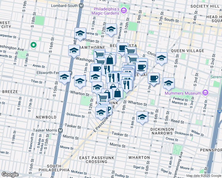 map of restaurants, bars, coffee shops, grocery stores, and more near 1200 South 10th Street in Philadelphia
