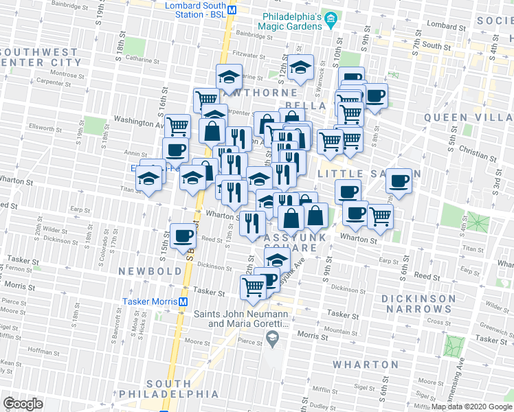 map of restaurants, bars, coffee shops, grocery stores, and more near 1162 South 12th Street in Philadelphia
