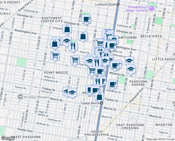 map of restaurants, bars, coffee shops, grocery stores, and more near 1602 Wharton Street in Philadelphia