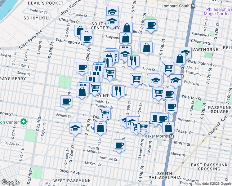 map of restaurants, bars, coffee shops, grocery stores, and more near 1325 South 19th Street in Philadelphia