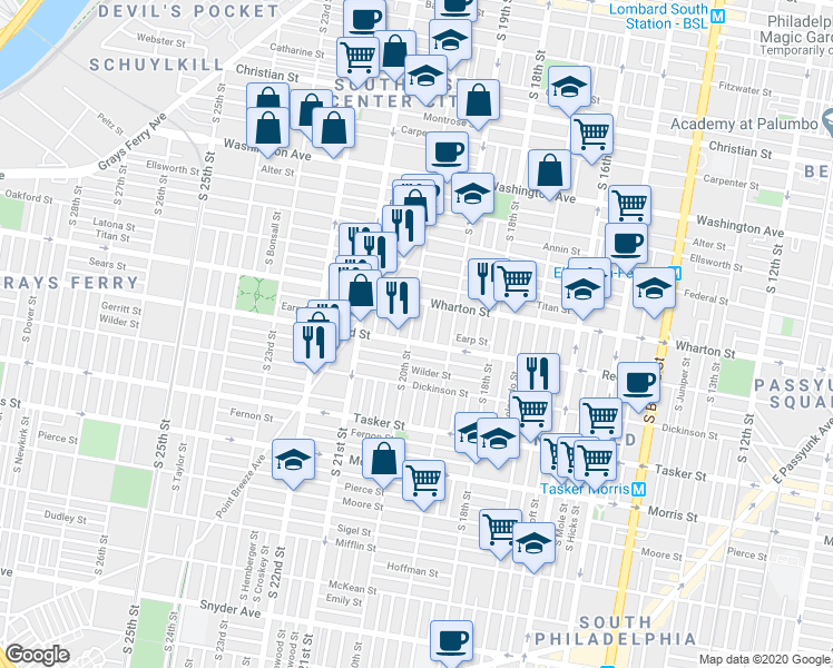 map of restaurants, bars, coffee shops, grocery stores, and more near in Philadelphia