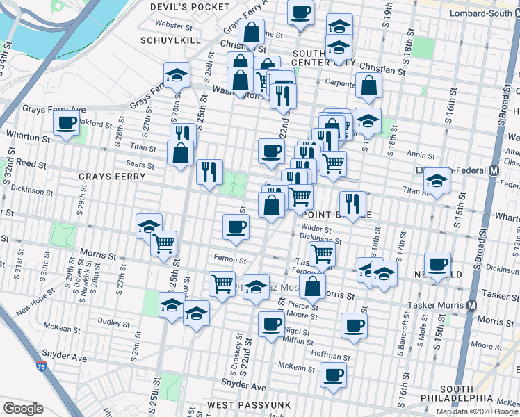 map of restaurants, bars, coffee shops, grocery stores, and more near 2216 Reed Street in Philadelphia