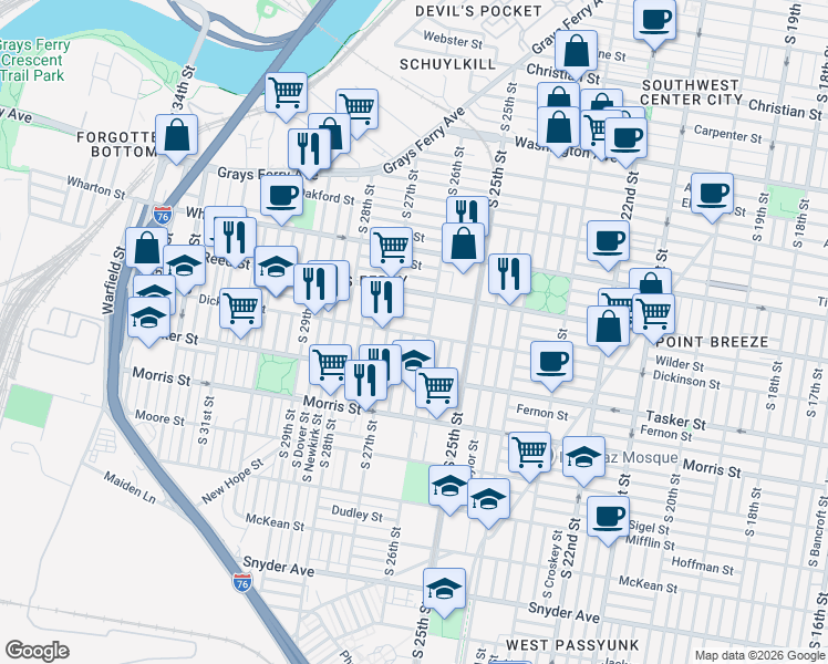 map of restaurants, bars, coffee shops, grocery stores, and more near 2641 Dickinson Street in Philadelphia