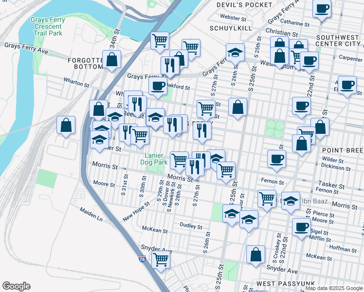 map of restaurants, bars, coffee shops, grocery stores, and more near 1509 South Dover Street in Philadelphia