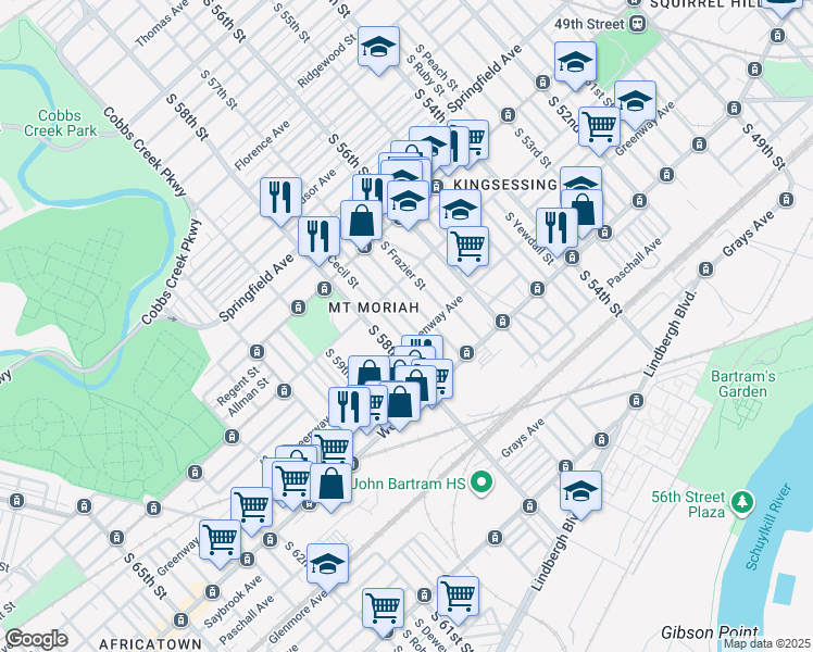 map of restaurants, bars, coffee shops, grocery stores, and more near 2056 South 57th Street in Philadelphia