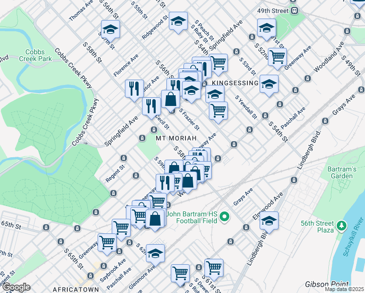 map of restaurants, bars, coffee shops, grocery stores, and more near 2018 South Cecil Street in Philadelphia