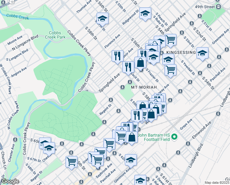 map of restaurants, bars, coffee shops, grocery stores, and more near 5935 Chester Avenue in Philadelphia