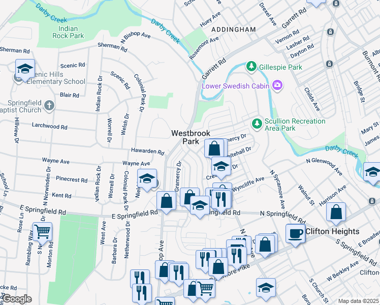 map of restaurants, bars, coffee shops, grocery stores, and more near 5249 Westpark Lane in Clifton Heights