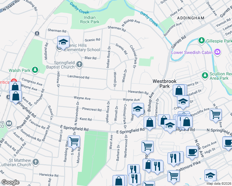 map of restaurants, bars, coffee shops, grocery stores, and more near 530 Hawarden Road in Springfield