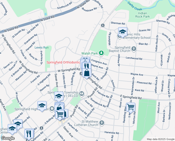 map of restaurants, bars, coffee shops, grocery stores, and more near 24 Surrey Road in Springfield
