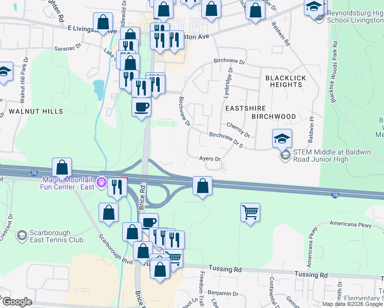 map of restaurants, bars, coffee shops, grocery stores, and more near 2240 Pine Tree Lane in Reynoldsburg