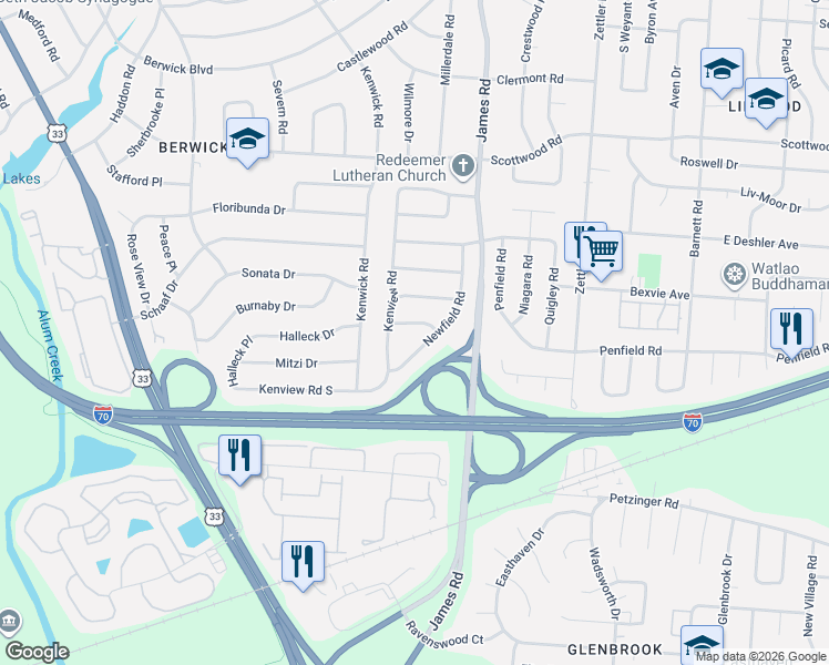 map of restaurants, bars, coffee shops, grocery stores, and more near 2825 Proctor Drive in Columbus