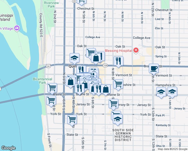 map of restaurants, bars, coffee shops, grocery stores, and more near 237 North 6th Street in Quincy