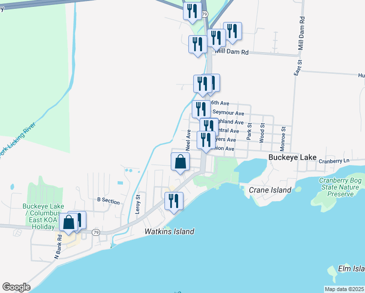 map of restaurants, bars, coffee shops, grocery stores, and more near 98 3rd Street in Buckeye Lake