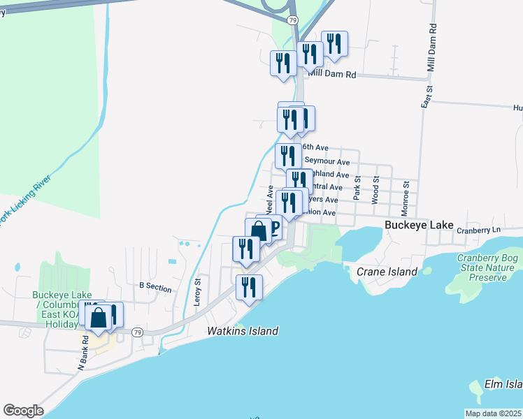 map of restaurants, bars, coffee shops, grocery stores, and more near 98 3rd Street in Buckeye Lake