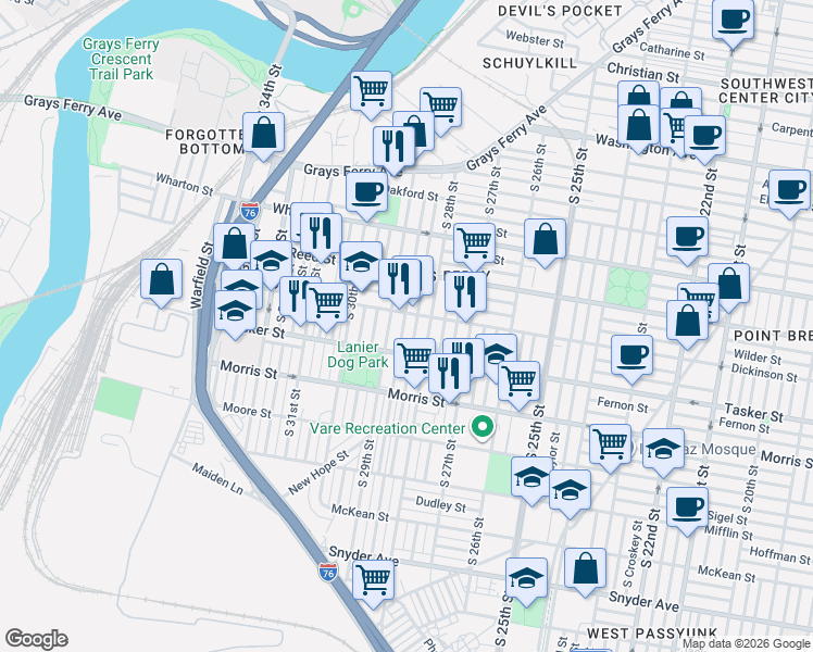map of restaurants, bars, coffee shops, grocery stores, and more near 1515 South Dover Street in Philadelphia