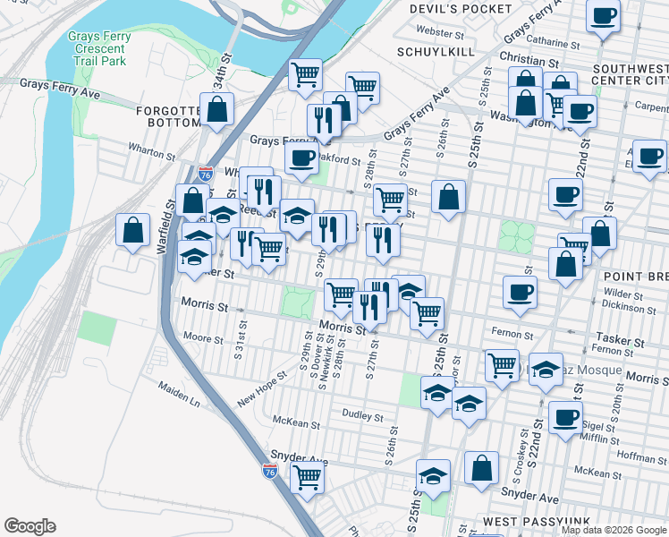 map of restaurants, bars, coffee shops, grocery stores, and more near 1515 South Dover Street in Philadelphia