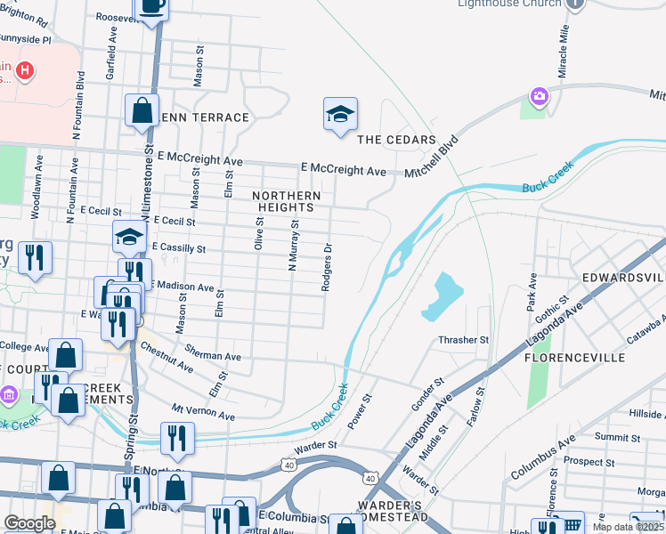 map of restaurants, bars, coffee shops, grocery stores, and more near 836 Rodgers Drive in Springfield