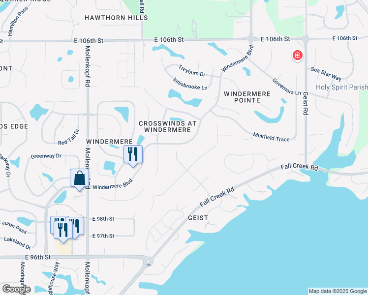 map of restaurants, bars, coffee shops, grocery stores, and more near 10991 Windermere Boulevard in Fishers