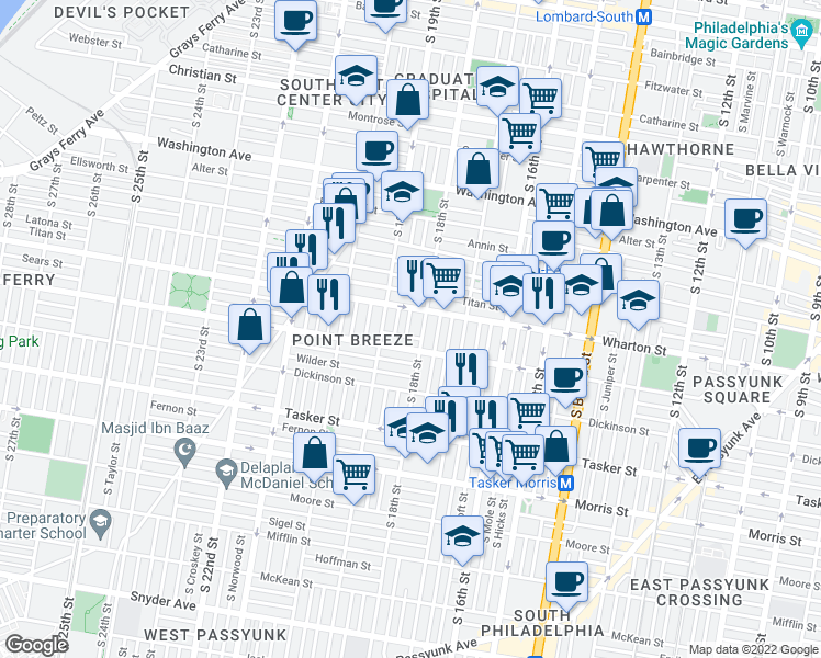 map of restaurants, bars, coffee shops, grocery stores, and more near 1317 South 18th Street in Philadelphia