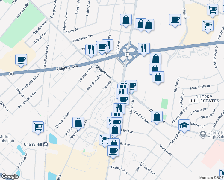 map of restaurants, bars, coffee shops, grocery stores, and more near 2028 Crescent Way in Cherry Hill Township