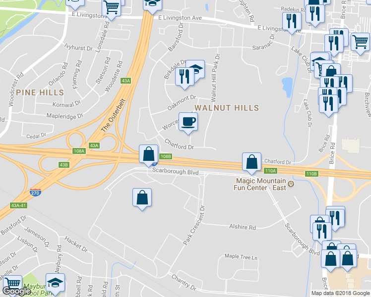 map of restaurants, bars, coffee shops, grocery stores, and more near 5597 Chatford Drive in Columbus