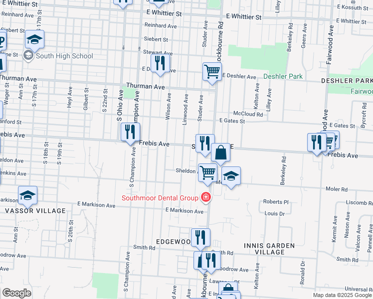 map of restaurants, bars, coffee shops, grocery stores, and more near 1512 Linwood Avenue in Columbus