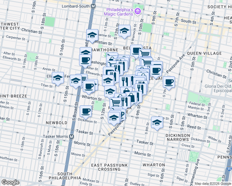 map of restaurants, bars, coffee shops, grocery stores, and more near 1205 South 11th Street in Philadelphia