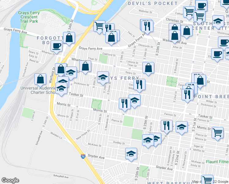 map of restaurants, bars, coffee shops, grocery stores, and more near 1508 South 28th Street in Philadelphia