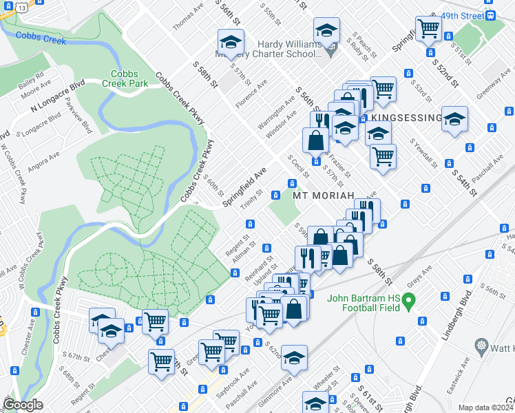 map of restaurants, bars, coffee shops, grocery stores, and more near 5933 Chester Avenue in Philadelphia