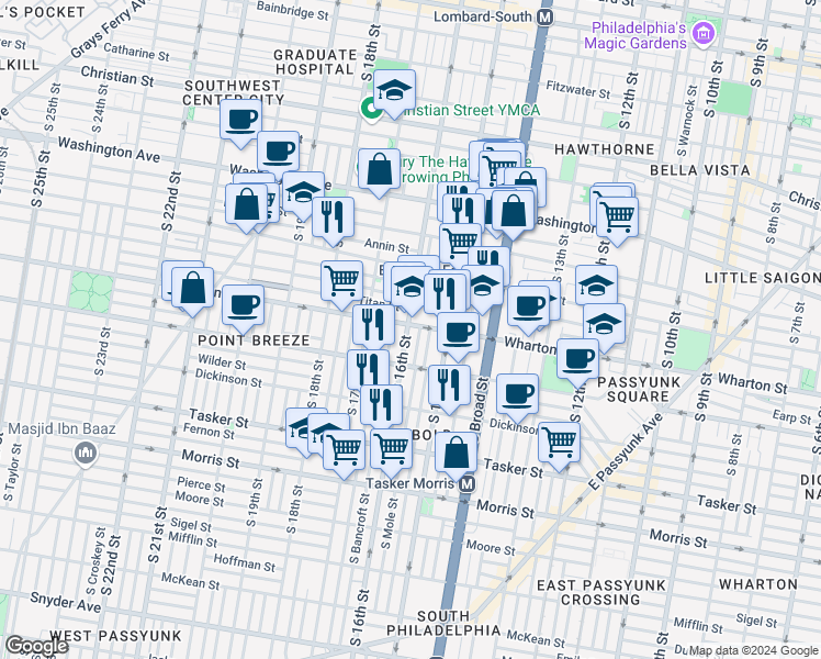 map of restaurants, bars, coffee shops, grocery stores, and more near 1540 Wharton Street in Philadelphia