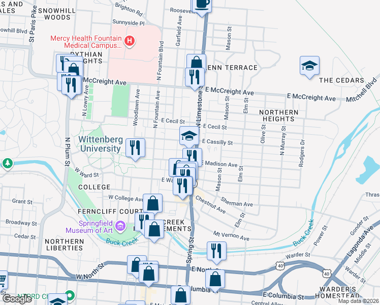 map of restaurants, bars, coffee shops, grocery stores, and more near 821 North Limestone Street in Springfield