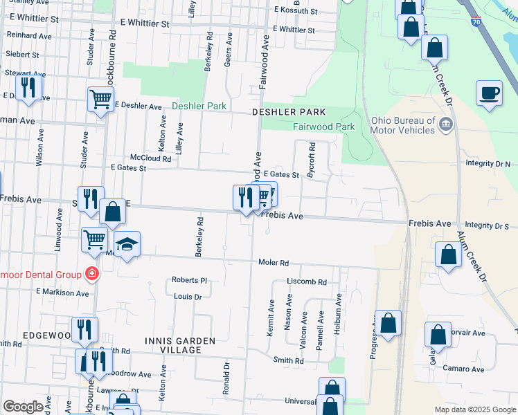 map of restaurants, bars, coffee shops, grocery stores, and more near 1578 Fairwood Avenue in Columbus
