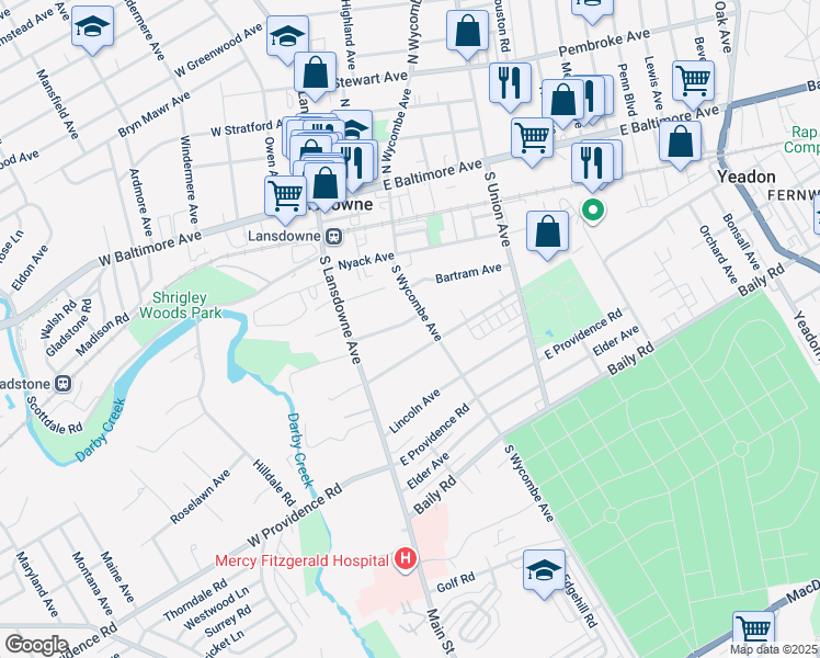 map of restaurants, bars, coffee shops, grocery stores, and more near 50 Linden Avenue in Lansdowne
