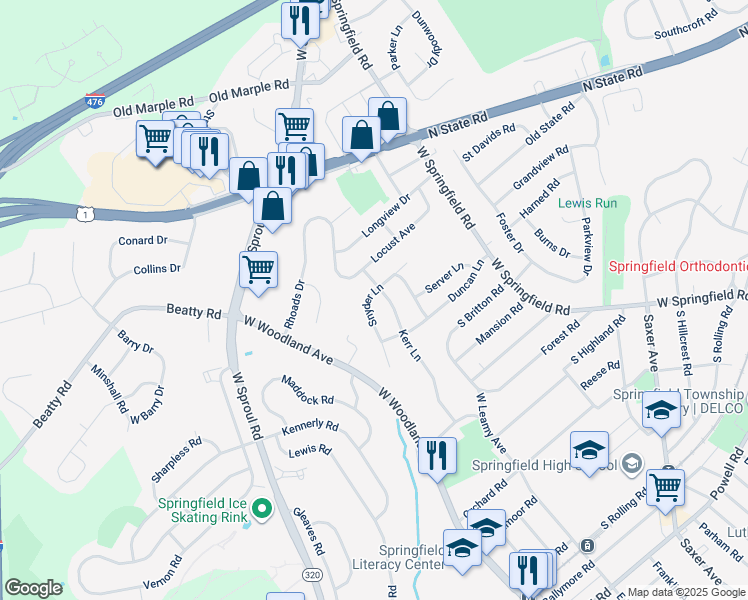 map of restaurants, bars, coffee shops, grocery stores, and more near 107 Snyder Lane in Springfield