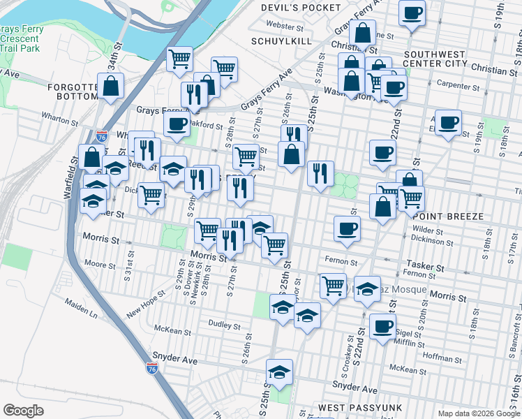 map of restaurants, bars, coffee shops, grocery stores, and more near 2641 Dickinson Street in Philadelphia