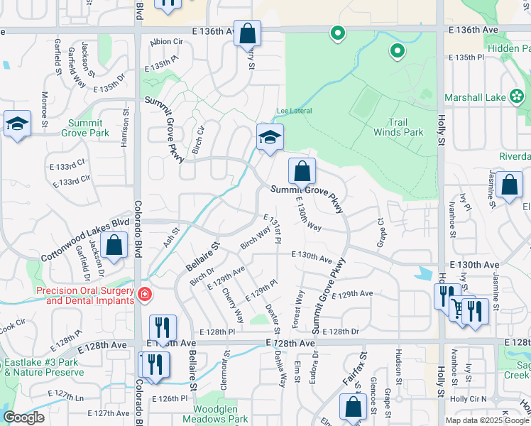map of restaurants, bars, coffee shops, grocery stores, and more near 4753 E 131st Pl in Thornton