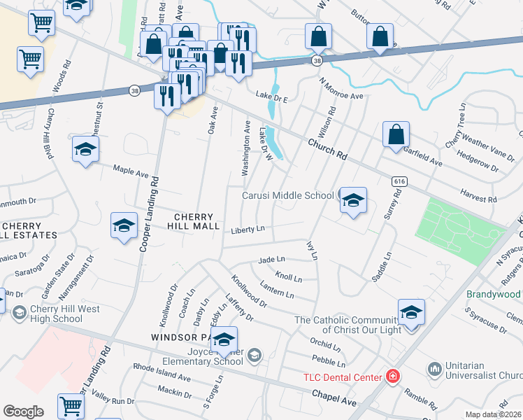 map of restaurants, bars, coffee shops, grocery stores, and more near 419 Kennebec Road in Cherry Hill