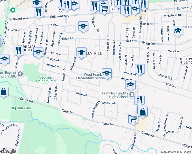 map of restaurants, bars, coffee shops, grocery stores, and more near 3740 Shirley Lane in Columbus