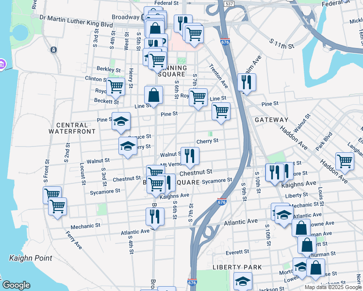 map of restaurants, bars, coffee shops, grocery stores, and more near 614a Cherry Street in Camden
