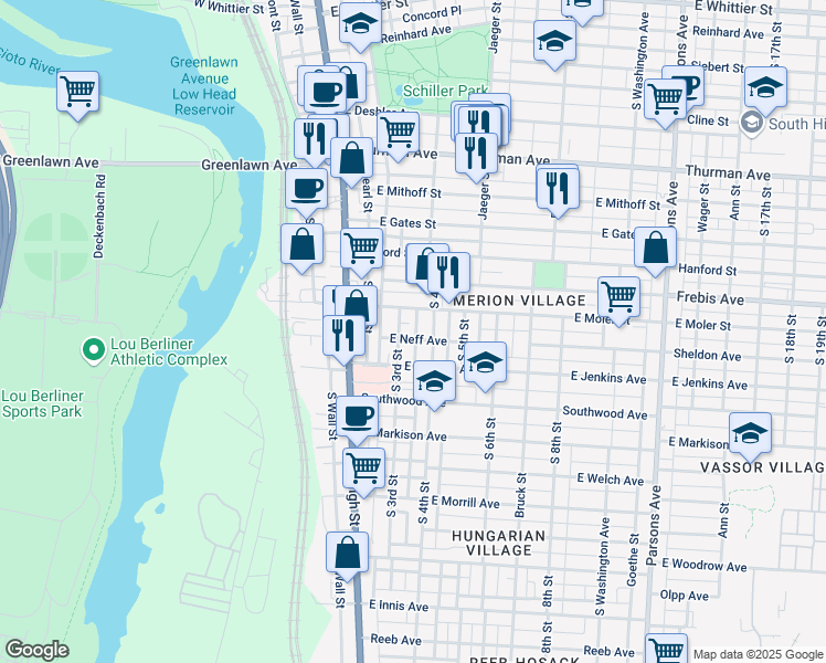 map of restaurants, bars, coffee shops, grocery stores, and more near 1364 South 3rd Street in Columbus