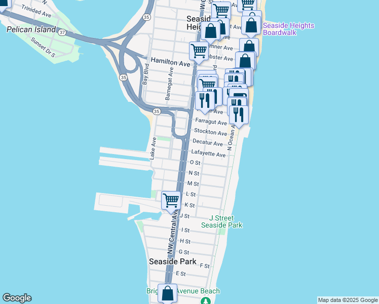 map of restaurants, bars, coffee shops, grocery stores, and more near 81 Lafayette Avenue in Seaside Park