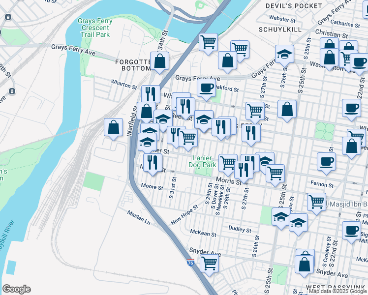 map of restaurants, bars, coffee shops, grocery stores, and more near 1530 S Stanley St in Philadelphia