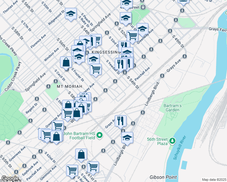 map of restaurants, bars, coffee shops, grocery stores, and more near 1824 South Vogdes Street in Philadelphia